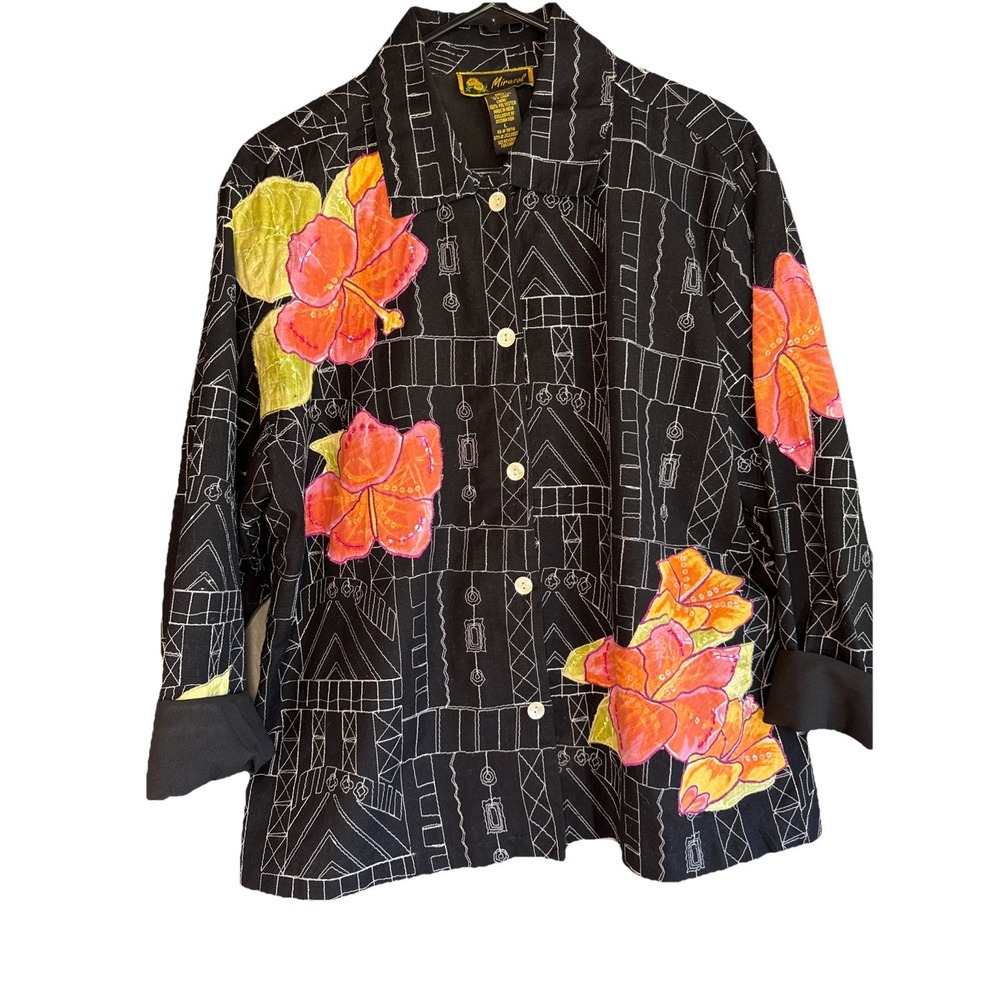 Mirasol Womens Linen Blend Blouse Size L Floral Button Front 3/4 Sleeve Collared